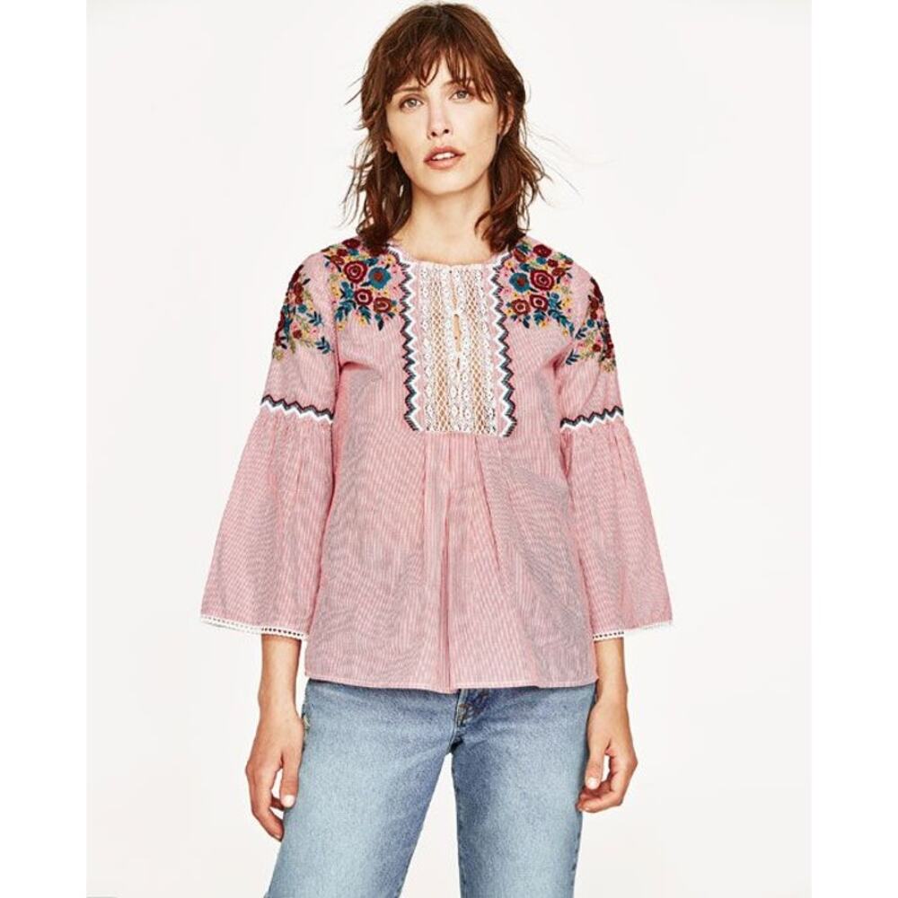 Zara Red Striped Floral Embroidered Lace‎ Bell Sleeve Boho Blouse Top Size XS
